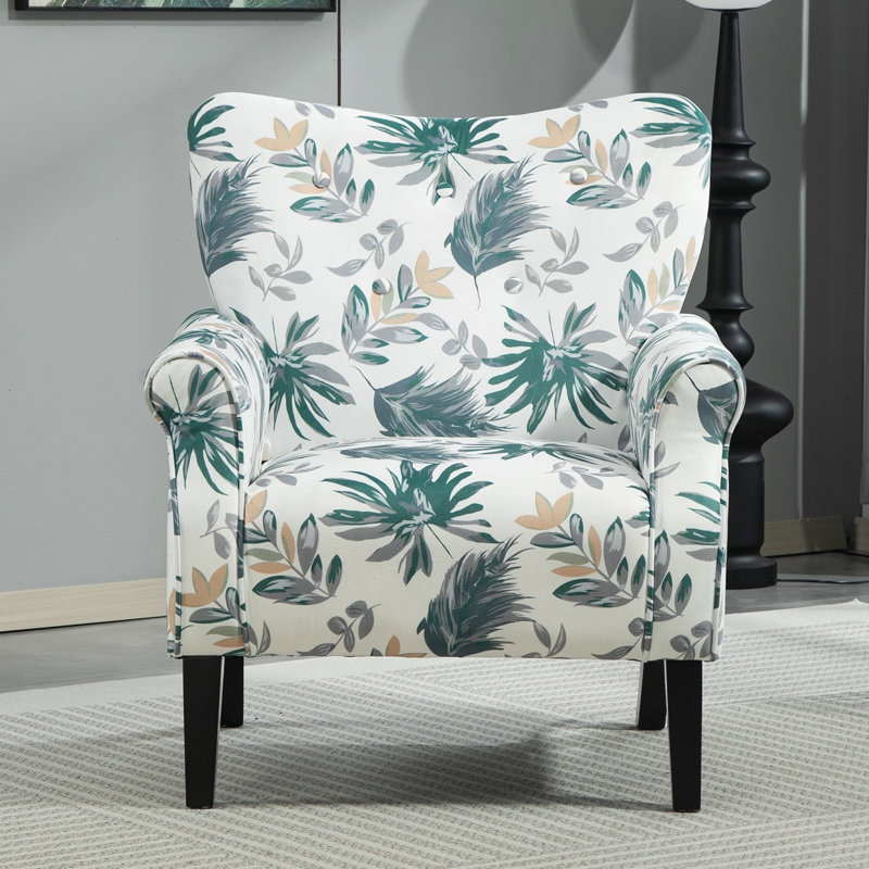 upholstery modern armchair with wood legs and wing back, Green Polyester