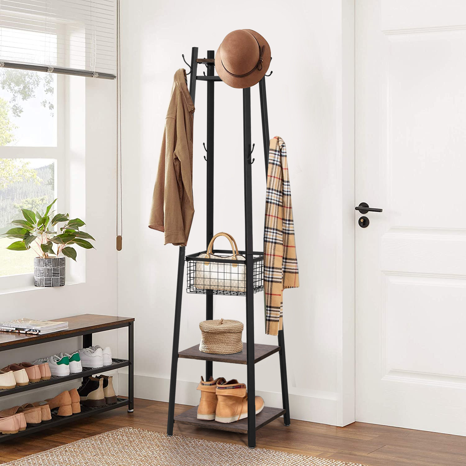 High-Grade Wooden Tree Coat Rack Stand, 6 Hooks - Super Easy Assembly NO  Tools Required - 3 Adjustable Sizes Free Standing Coat Rack,  Hallway/Entryway