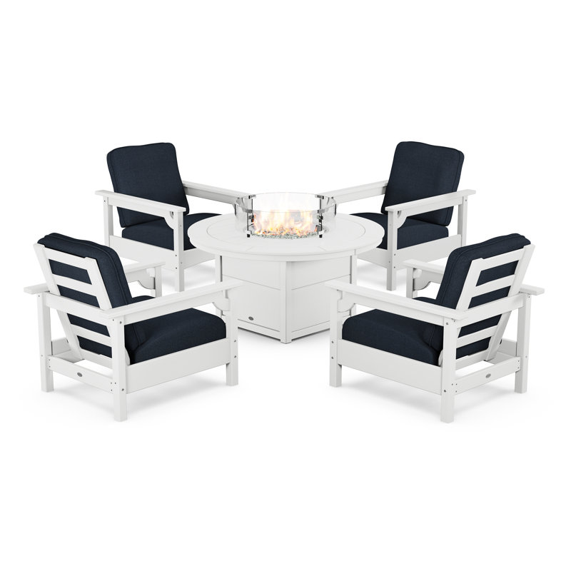 Club 5-Piece Conversation Set with Fire Pit Table, Marine Indigo, White