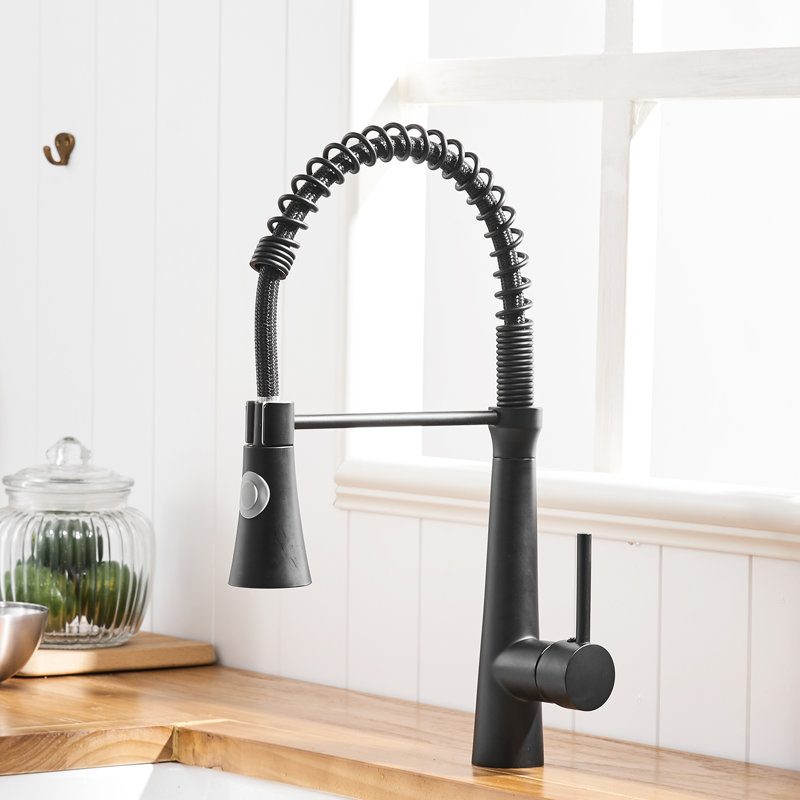 Robinet de cuisine noir rétractable, conception à poignée simple, fabrication robuste en laiton, revêtement anticorrosion, réglages de jet et de jet, installation facile