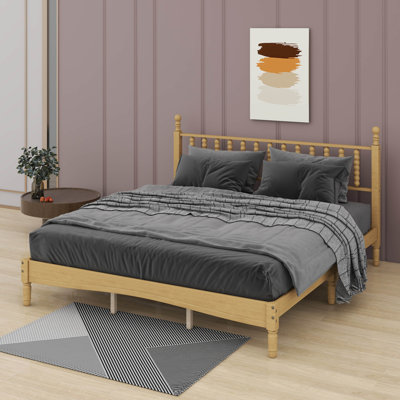 Structure de lit très grand avec tête de lit en forme de gourde, base de lit plateforme de style rétro, support en lattes de bois