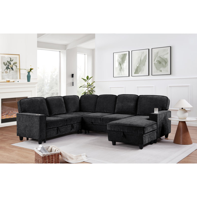 Canapé modulaire en L avec canapé-lit, chaise de rangement et ports USB / Type-C intégrés