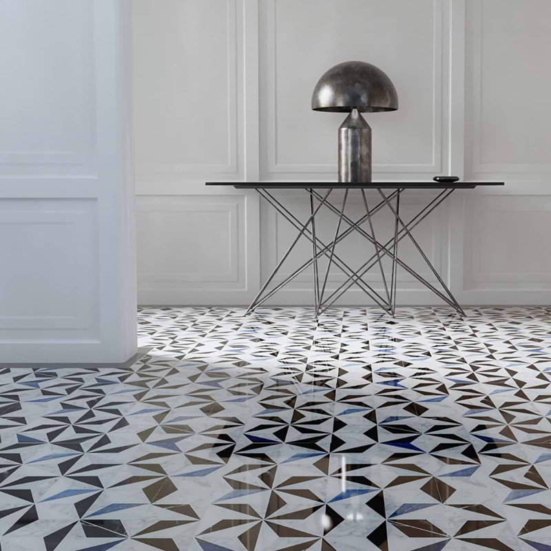 Phantasm 14x18 Triangles Polished Mixed Marble Mosaic Tile, Winter Sky Blue/White