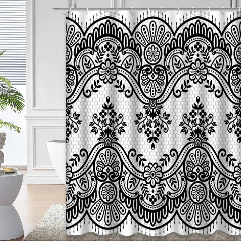 Rideau de douche imperméable avec bordure en papier peint et bordure en dentelle rétro avec 12 crochets, L 72 po x l 78 po