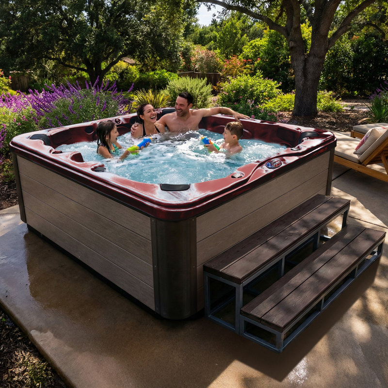 American Spas 6-Person 100-Jet Premium Lounger Spa Standard Hot Tub With Sound System And LED Waterfall, Dark Cherry