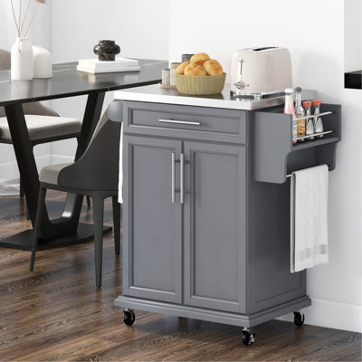 Îlot de cuisine roulant, comptoir en acier inoxydable, tiroir, porte-serviettes et armoire de comptoir pour îlot de cuisine utilitaire gris avec comptoir, support, tablette et rangement Spice