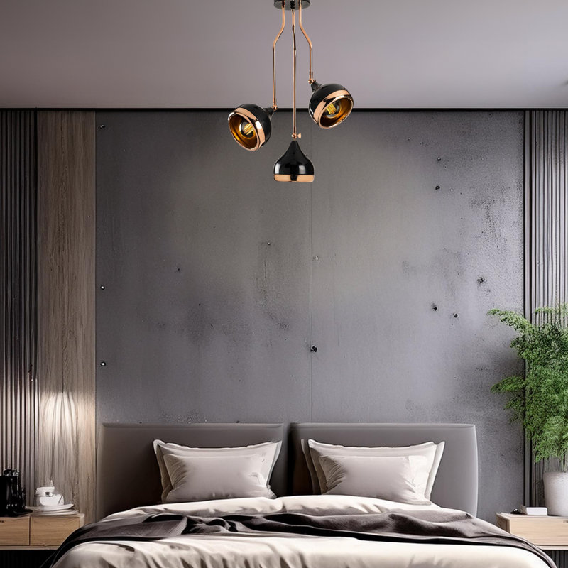 Luminaire suspendu en métal à hauteur réglable et tête à 3 lumières, Cuivre / noir