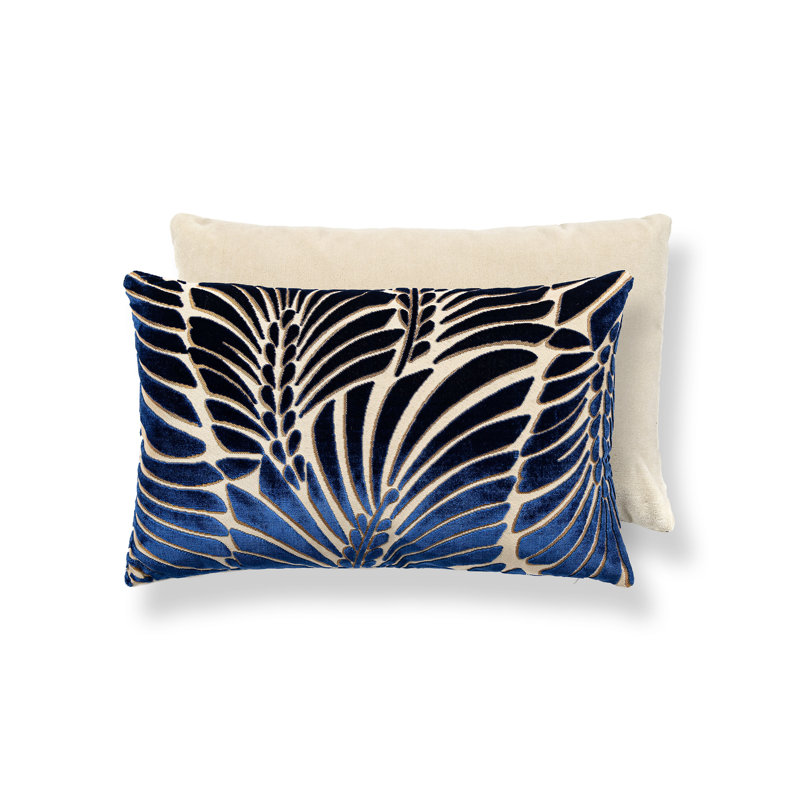 PLUMES / VELVET PILLOW, Sapphire/Beige, 14" H x 22" W, Rectangular