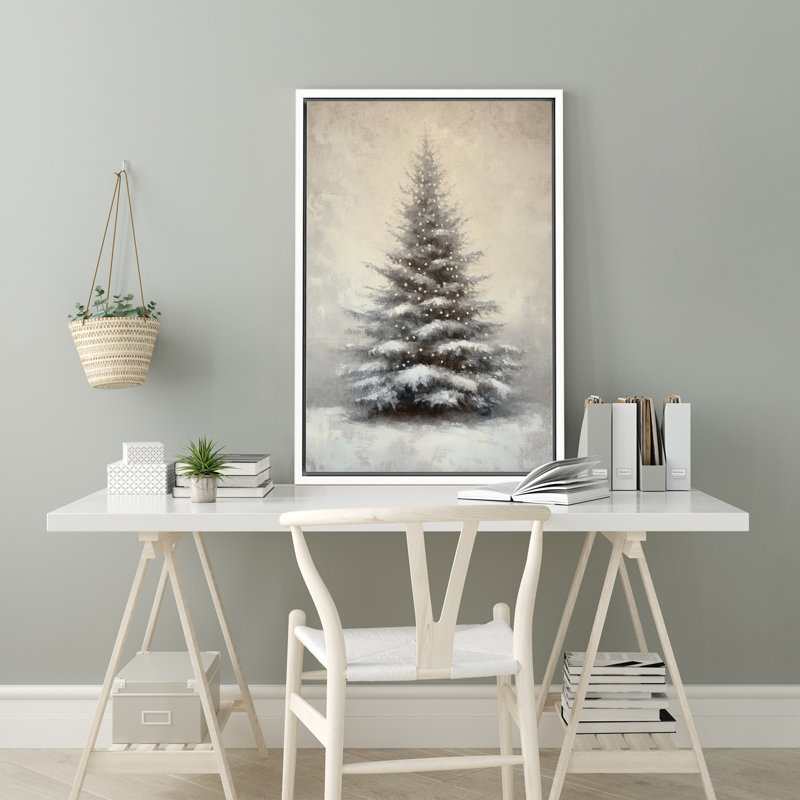 Impression sur toile rustique gris, sapin de Noël, neige, hiver, maison de ferme, impression sur toile, Cadre flottant blanc