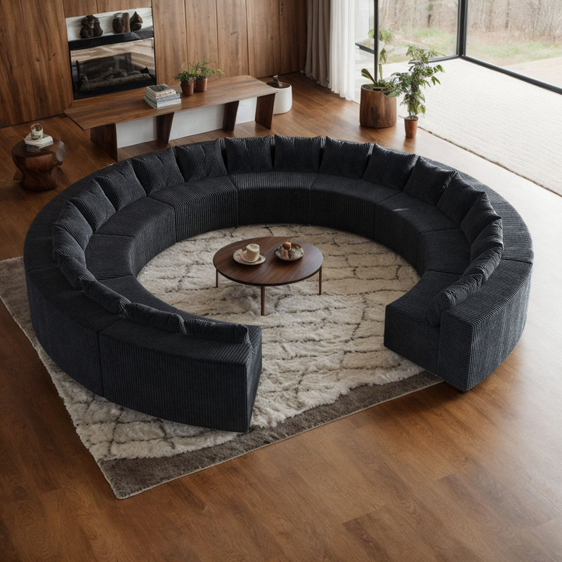 Corduroy Curved Sectional Sofa With Four Pillows,2 Modules, Black Corduroy