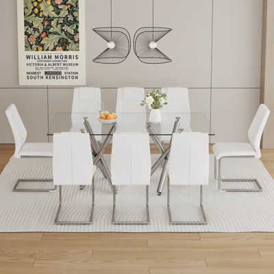 Large glass dining set | 0.39" tempered top | silver chrome legs | seats 6-8 | pu chairs with metal legs | minimalist design