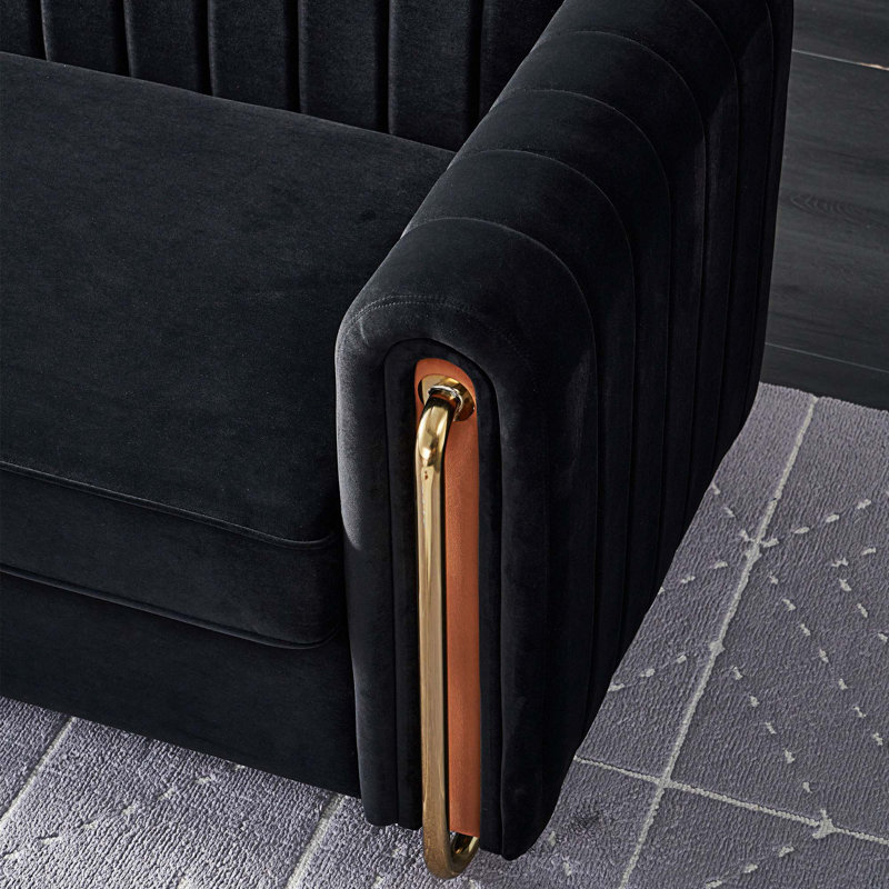 Keeshaun 84.25'' Round Arms Sofa, Black Velvet
