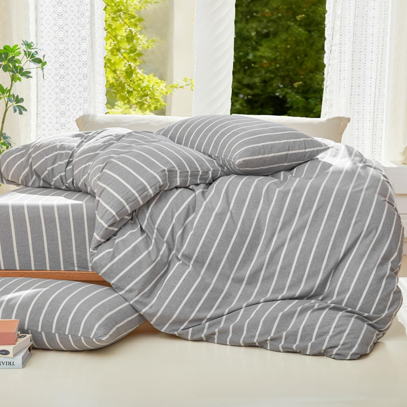 Ensemble de housse de couette à rayures 100% coton lavé DONEUS, ensemble de literie texturé 3 pièces avec fermeture à glissière