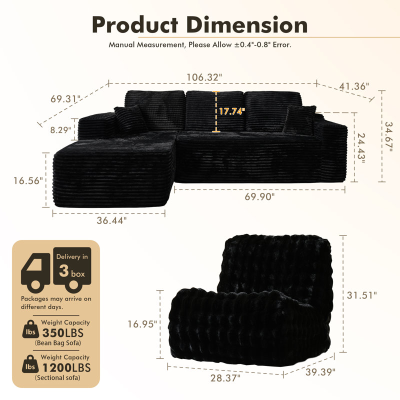 Ensemble de salon modulaire sans assemblage en L 3 pièces avec méridienne et fauteuil à billes sans accoudoirs Hogle, Noir