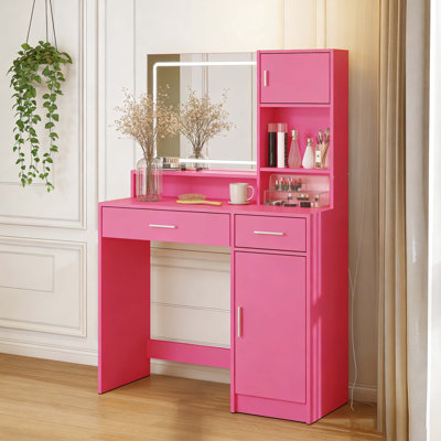 Vanity Desk With Mirror And LED Light Strip,Dressing Table With Large Drawer, 3 Level Storage Dresser & 3 Lighting Modes Adjustable Brightness, Suitable For Bedroom(Rose Pink)