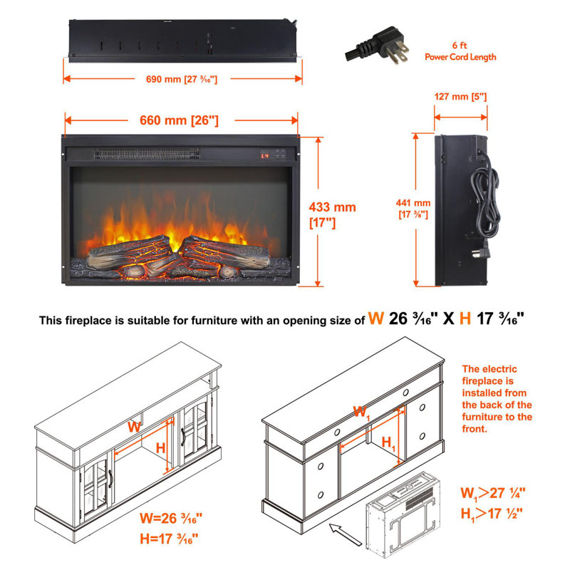 26 Inch Electric Fireplace Insert with Remote & Overheat Protection