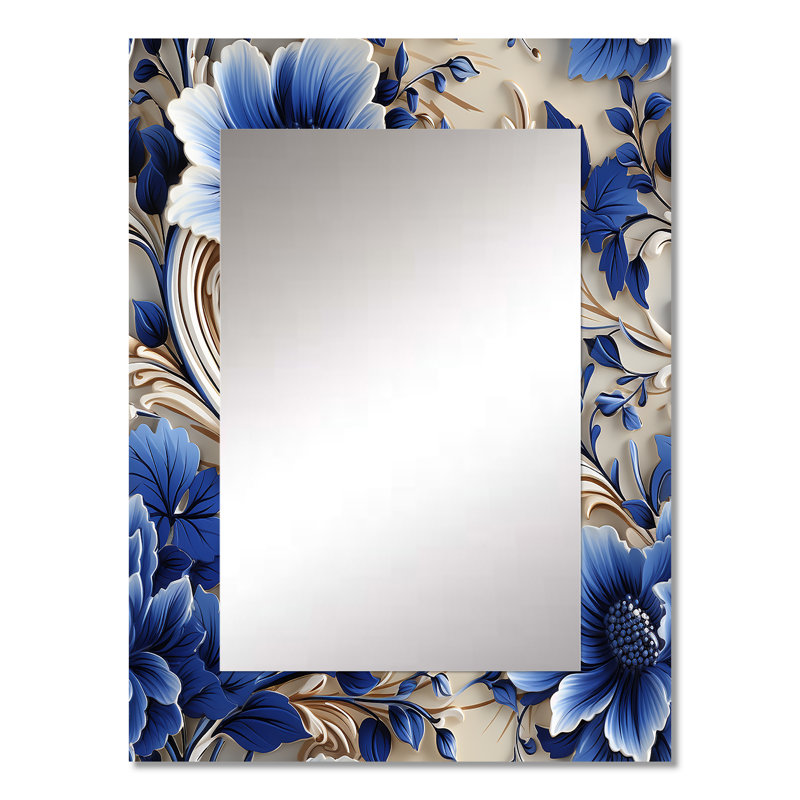 Motif floral victorien bleu cobalt et blanc Laughlin - miroir mural décoratif floral, 32 po x 24 po