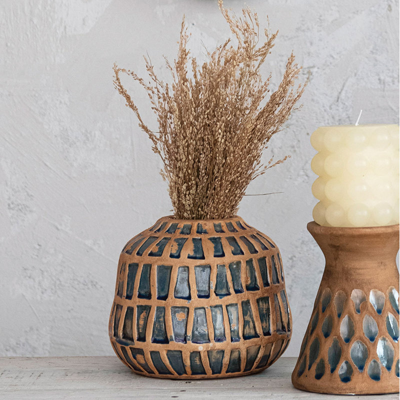 Lavola Debossed Terra-cotta Vase, Natural and Blue