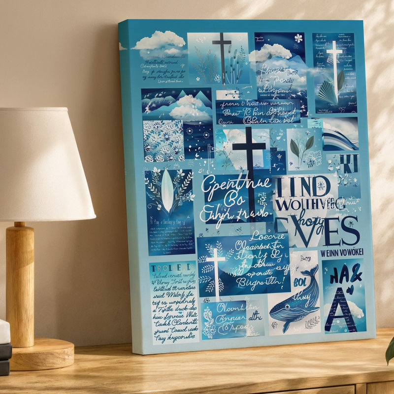 La toile crée un collage visuellement captivant avec une palette d'art de couleur bleue sereine incorporant diverses textures et art mural sur toile