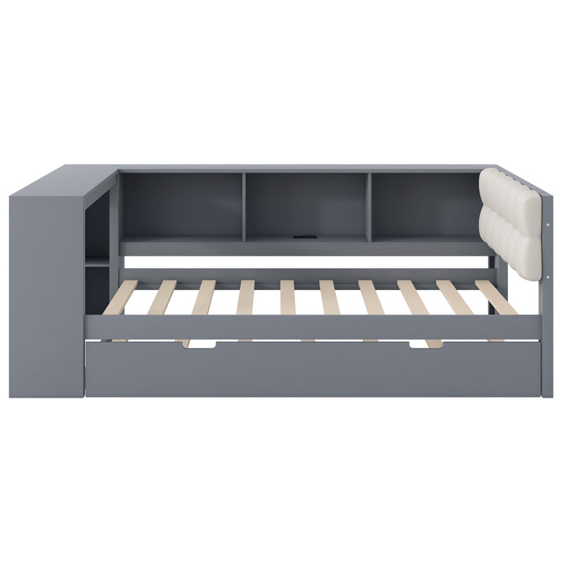 Lit plateforme simple avec rangement en bois et lit gigogne, station de charge et tête de lit tapissier, Lit simple, Gris