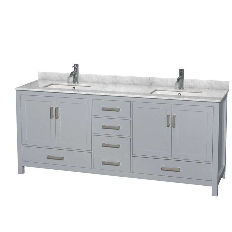 Sheffield 80" Freestanding Double Bathroom Vanity with Marble Top, White Carrera, Gray