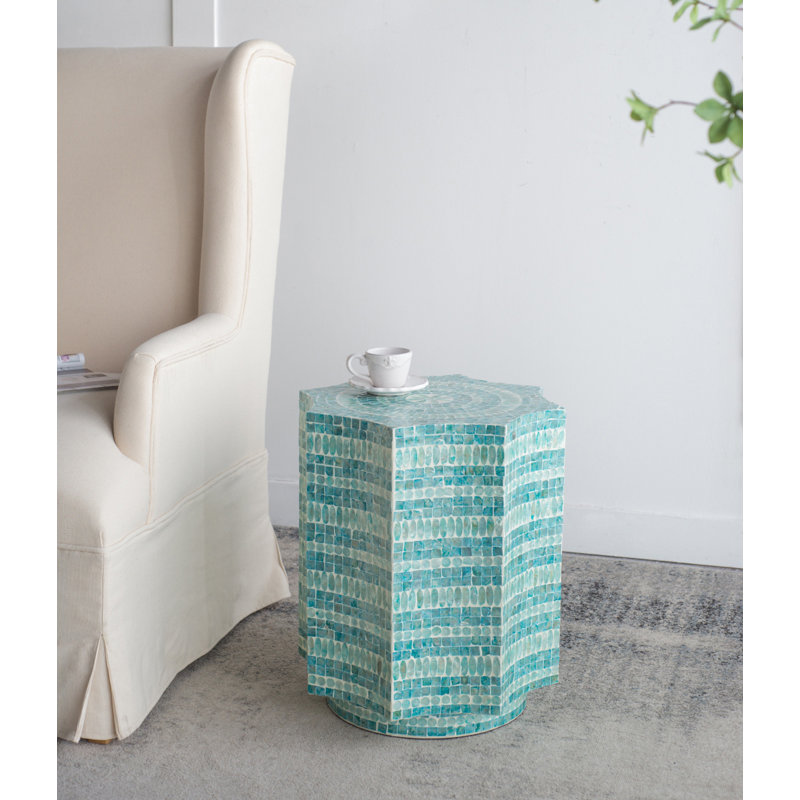 Tabouret 17 po x 17 po x 20 po avec motif Capiz, bleu multi