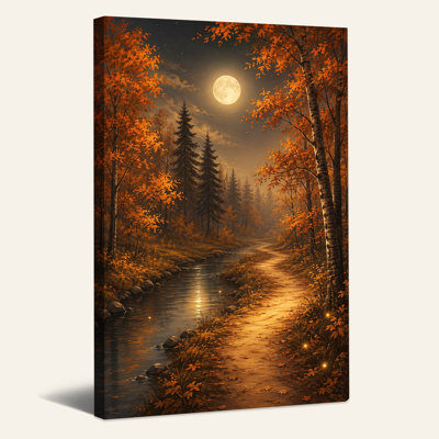 "Autumn Forest Path And Stream Under Full Moon", art mural sur toile