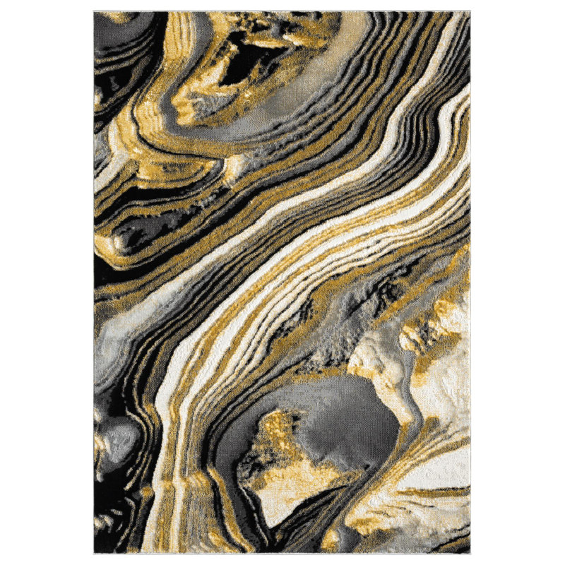 Tapis noir / or à motif abstrait Nason Collection, Rectangle 5 pi 2 po x 7 pi 5 po