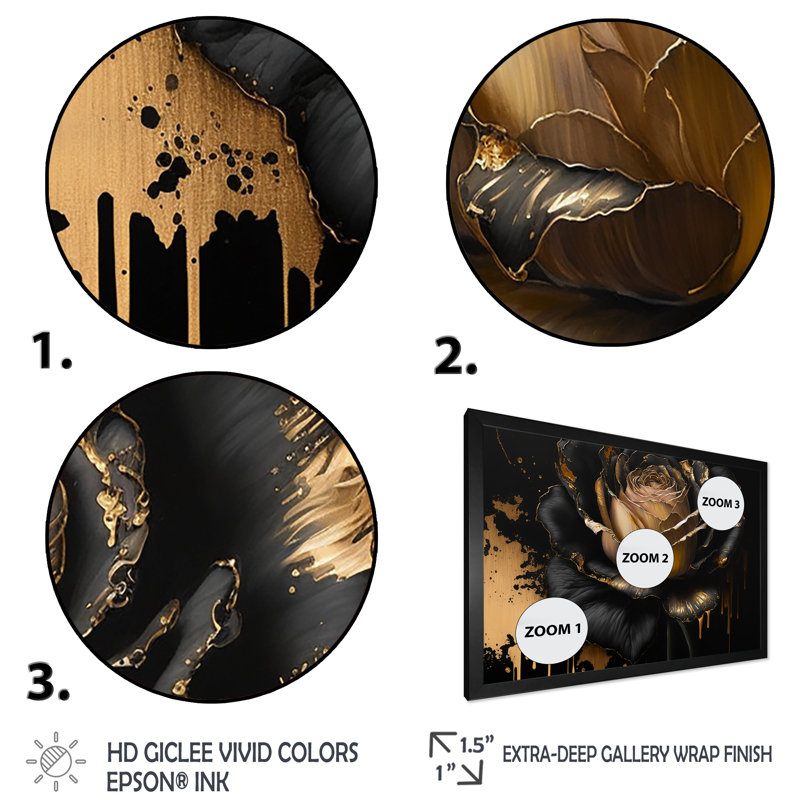 «Black and Gold Rose II», reproduction sur toile encadrée rose, Cadre photo unique, H 34 po x l 44 po, Noir