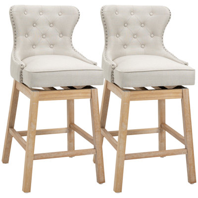 Upholstered Fabric Bar Height Bar Stools, 180° Swivel Nailhead-Trim Pub Chairs, 30" Seat Height With Rubber Wood Legs, Set Of 2