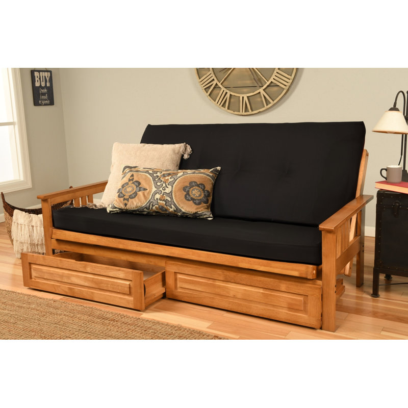 Stratford Full Futon Frame Includes Storage Drawers with Mattress, Butternut, Black Polyester