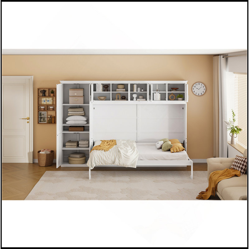 Grand lit escamotable mural avec armoires, Blanc