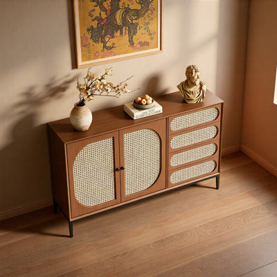 Ash Wood Rattan Buffet Storage Cabinet