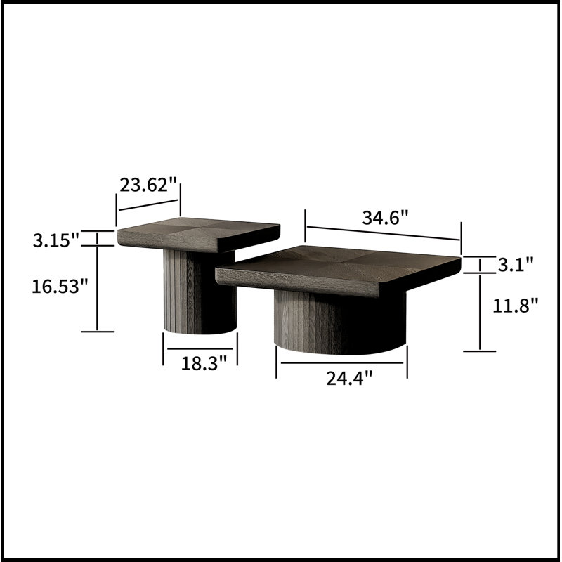 Ensemble de tables basses gigognes en bois avec piédestal cylindrique et cannelé, Black