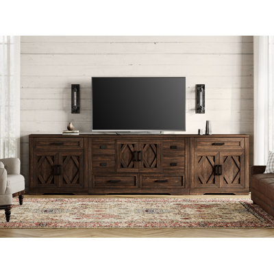Glenford 117"W Large Modern Farmhouse Accent Cabinet With Barn Doors & Drawers, Scratch-Resistant Tree Bark Finish