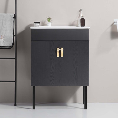 Meuble-lavabo de salle de bain avec pied en métal, lavabo en céramique blanche et 2 portes à fermeture en douceur