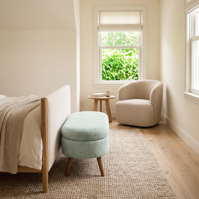 Repose-pieds ovale avec rangement en tissu plissé, pieds en bois d'hévéa massif et intérieur spacieux - Repose-pieds polyvalent, sièges supplémentaires et pièce décorative