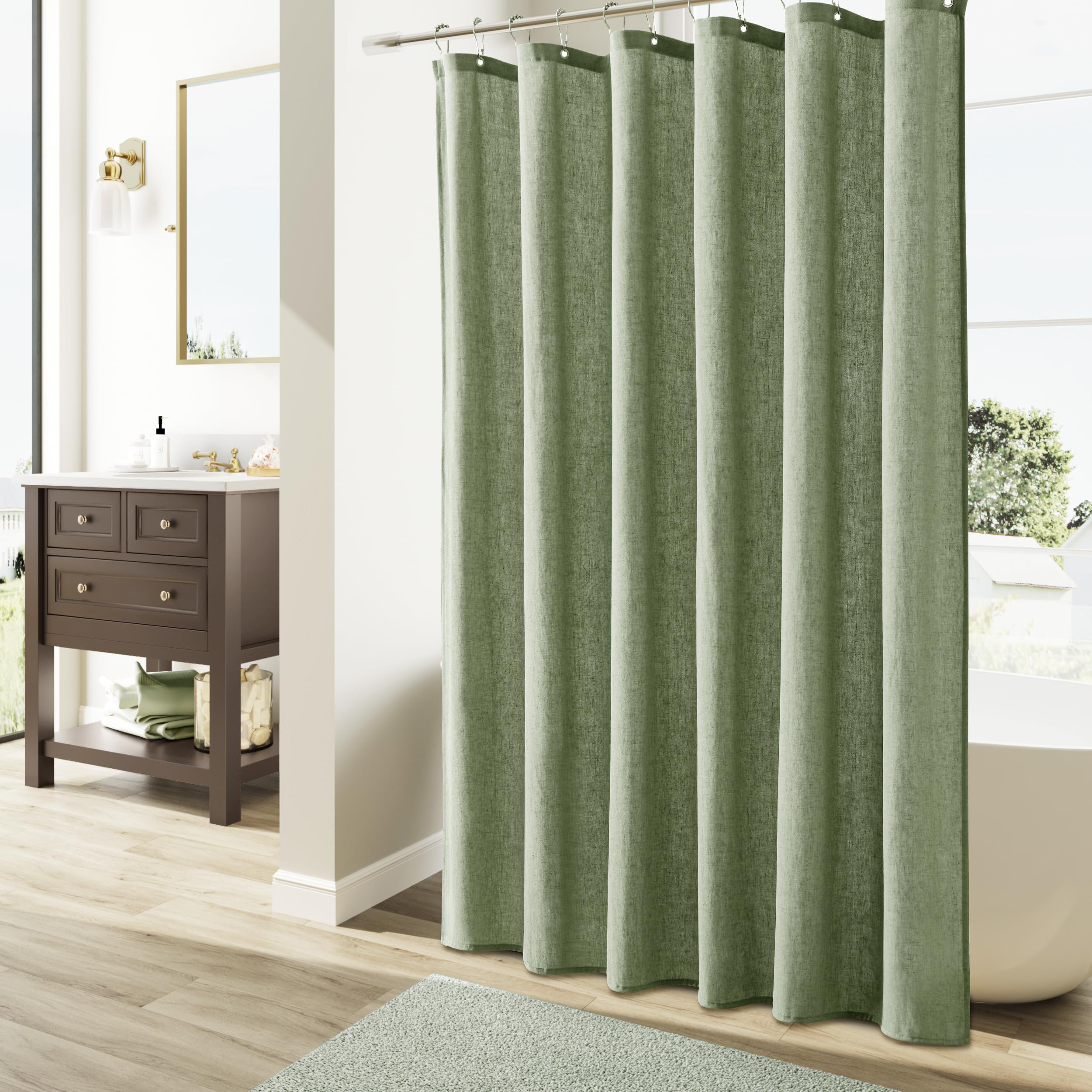 Latitude Run® Sage Green Shower Curtain, Neutral Linen Boho Farmhouse