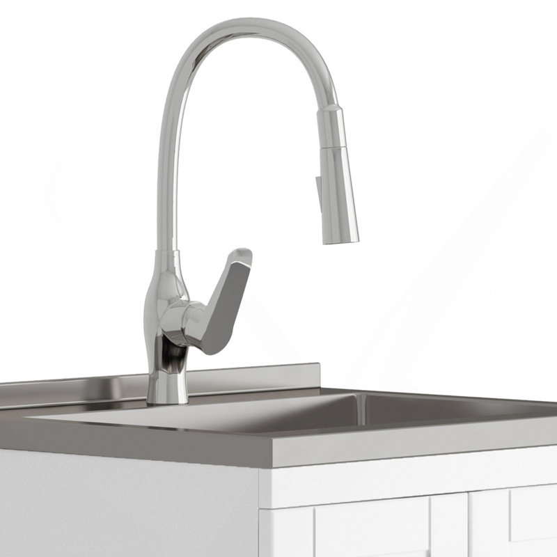 Reed - Deluxe 24" Laundry Cabinet With Pull-Out Faucet And Stainless Steel Sink - White, 24"