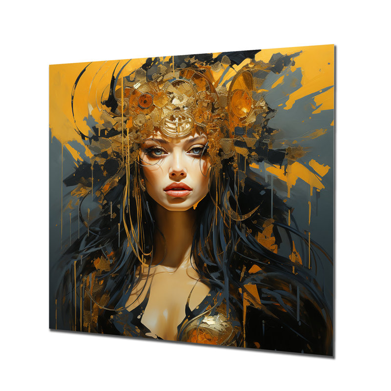 Or et noir Warrior Queen I - art mural moderne en métal enveloppé, H 16 po x l 16 po