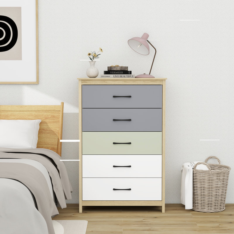 Allysyn 5 Drawer Dresser, Gray/White/Green
