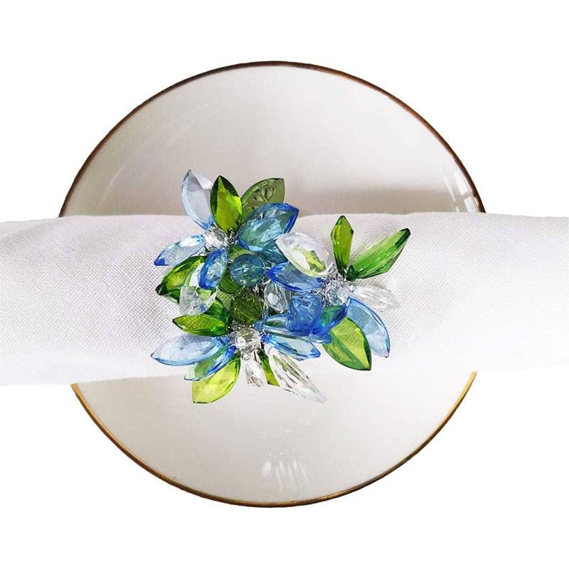 Ensemble de 4 anneaux de serviette uniques à motif de cristaux à fleurs multiples, ensemble de 4, Bleu