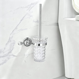 14"x7.1"x7.1" Crystal Toilet Brush and Holder Set, Wall Mounted Cup with Polished Handle, (Chrome)