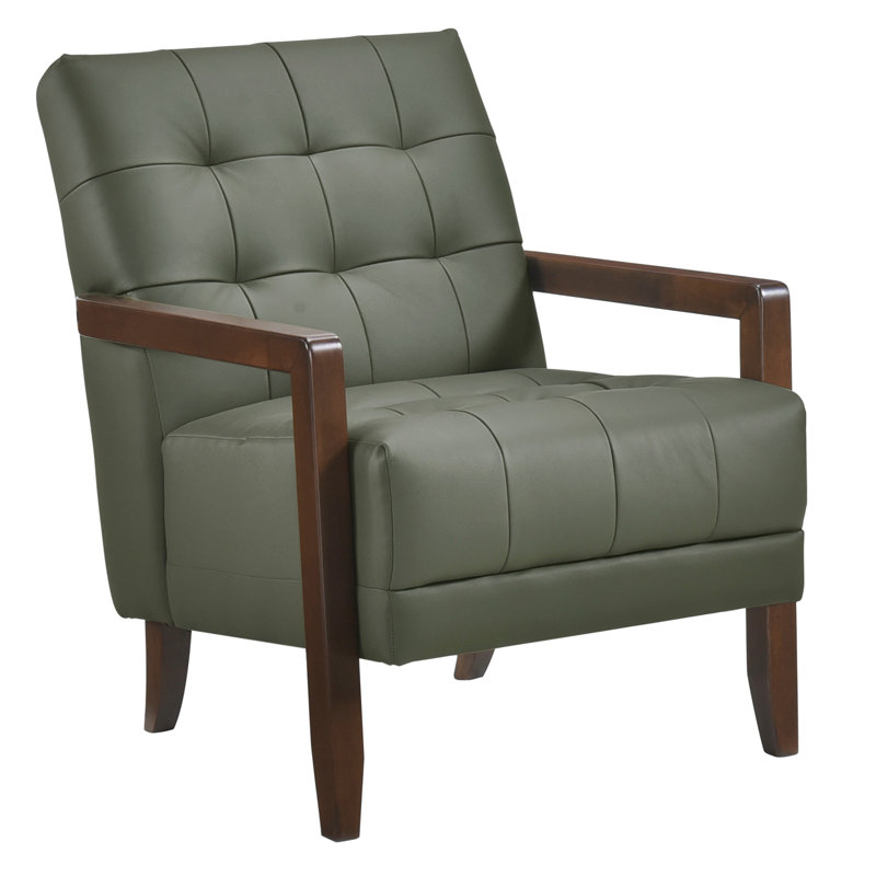 Fauteuil Lenie, cuir capitonné, bois de noyer, Vert
