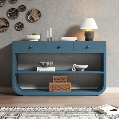 Table console moderne avec 3 tiroirs à fermeture en douceur et 2 tablettes ouvertes - Table d'entrée en bois massif bleu pour le salon, le couloir et le bureau