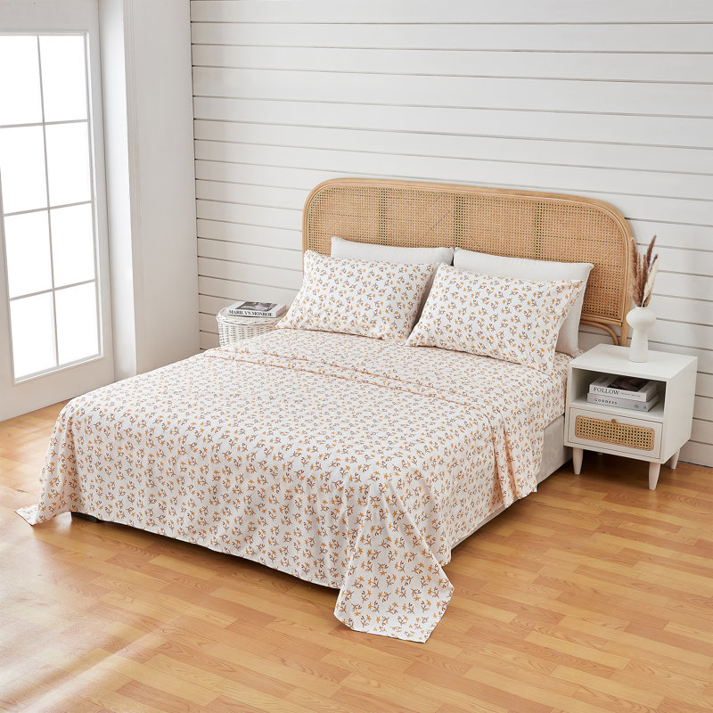 Queen Beige Microfiber Sheet Set with Watercolor Floral Print