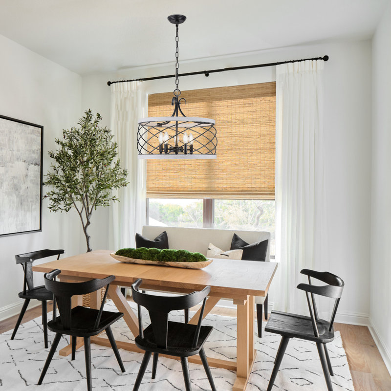 Lustre en forme de tambour de 24 po avec accents en bois massif et en métal, 4 lumières suspendues avec chaîne de suspension réglable