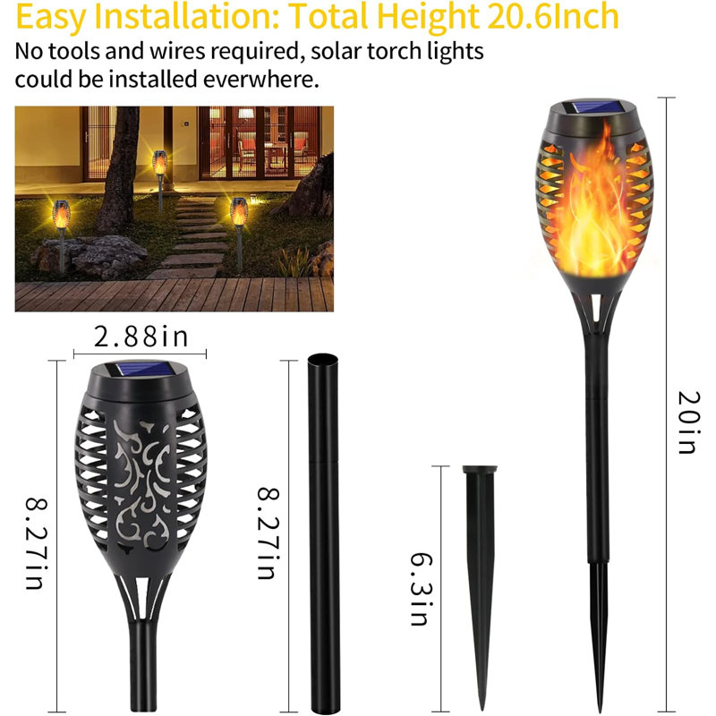 Paquet de 8 torches solaires avec flamme vacillante, 12 lumières solaires DEL d'extérieur, Jaune, Ensemble de 8