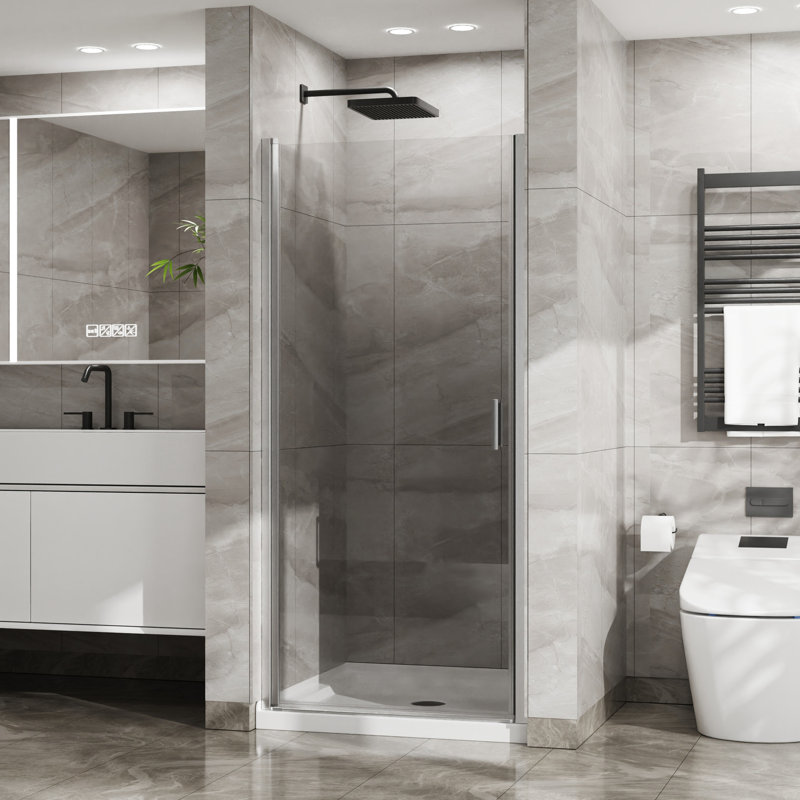 Semi- Shower Pivot Door, 34"x72", 1/4" Tempered Glass, , 180° Rotatable, Waterproof Seals 34"x72" Glass , Semi-, 90° Door Opening,