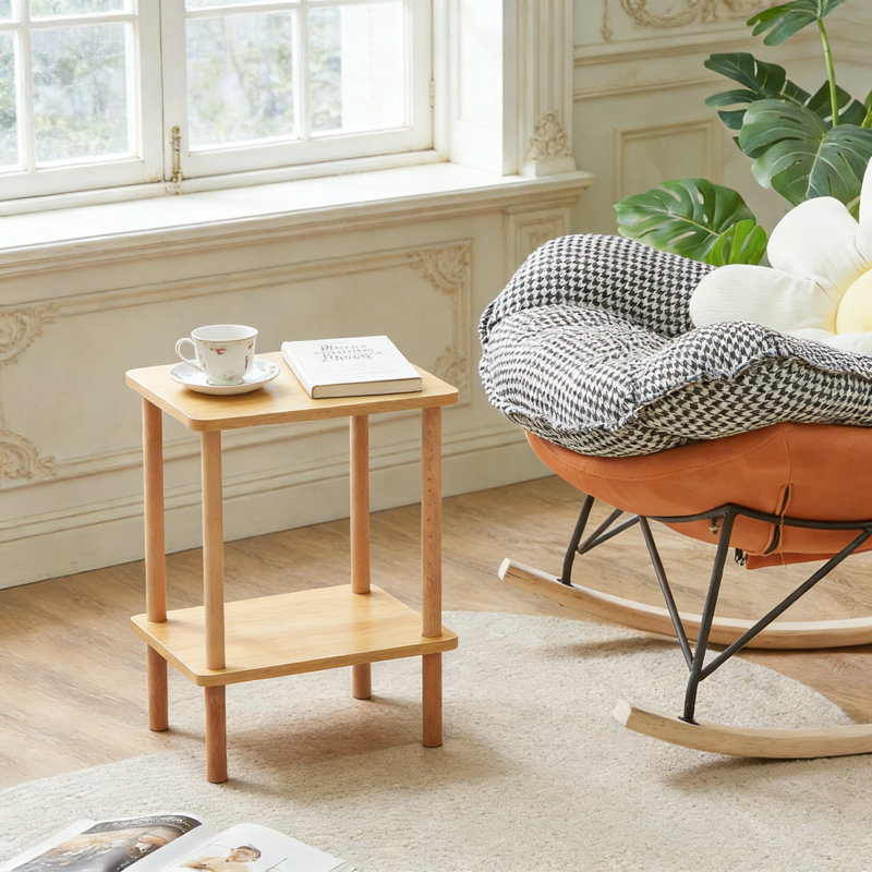 Table de bout à 2 niveaux avec tablettes de rangement, table d'appoint haute en bois massif pour le salon, la chambre à coucher ou le bureau, assemblage facile sans outil, design minimaliste